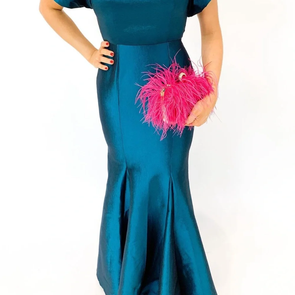Teal Crepe Puff Sleeve Mermaid Style Ball Gown, Sz M (NWT) - Picture 2 of 3